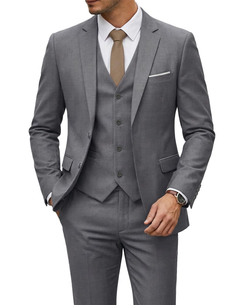 YND Men's 3 Piece Suit Set with Tie, 2 Button Slim Fit Solid Blazer Jacket Vest Pants, Business Wedding Party Suits for Men, Light Grey - Image 1